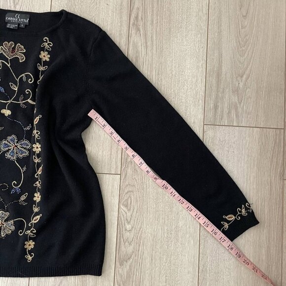 Carole Little Wool Beaded Embroidered Knit Sweater Women Size Large Black Floral - Picture 10 of 10